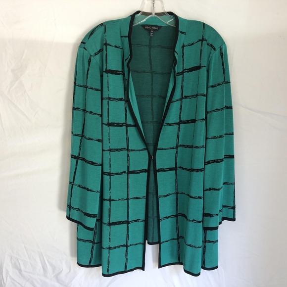 Ming Wang Sweaters - Ming Wang Cardigan Sweater Womens 2X Green Black Grid Check Knit Open Front